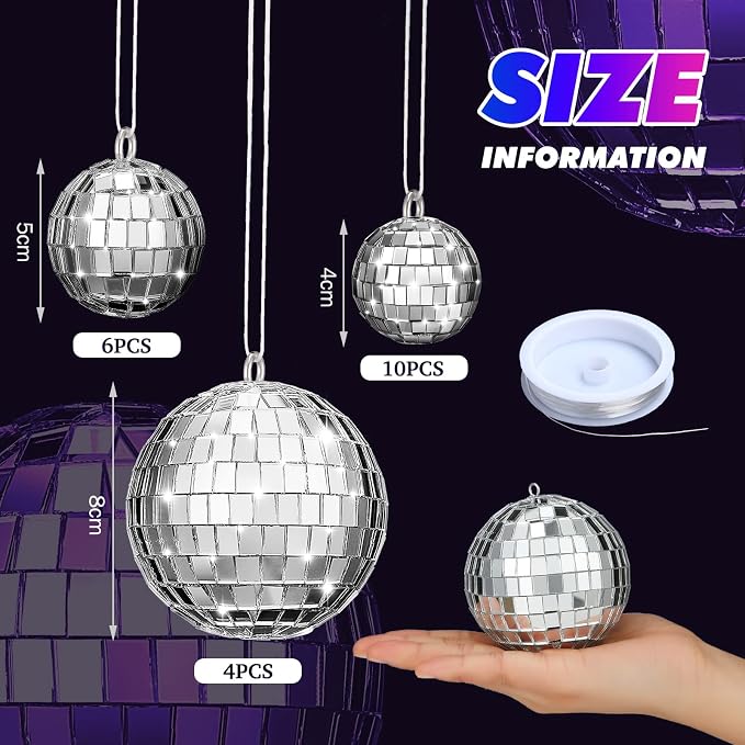 MTLEE 20 Pcs Disco Balls Decoration Mirror Disco Ball Assorted Silver Hanging Mini Glass Different Sizes Reflective with Rope for 70s Wedding Dance Music Prom Props(3.9 Inch, 3.15 Inch, 2 Inch)