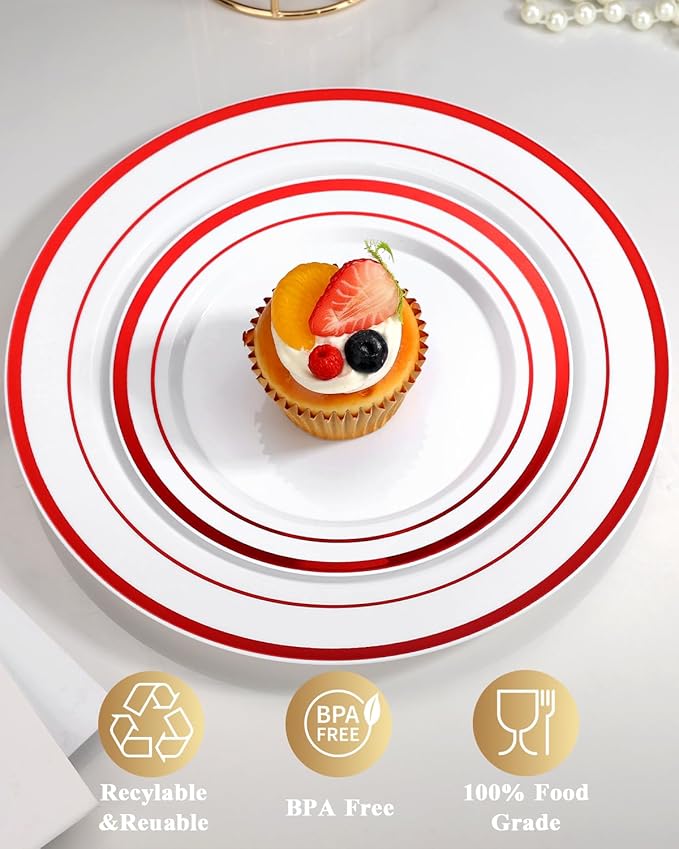 Goodluck 120 Pack Red Rim Plastic Plates - 60 Dinner Plates (10.25") & 60 Dessert Plates (7.5") - Heavy Duty Disposable White Plates with Elegant Red Trim - Premium Dinnerware Set for Wedding