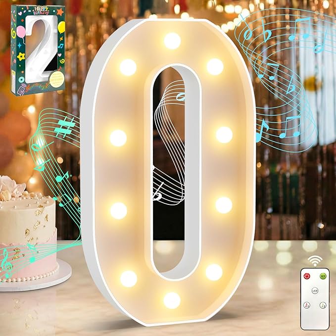 12.6 Inch LED Marquee Light Up Numbers with Happy Birthday Music, Remote Birthday Number Lights as Gifts for Girls Women Men, Lighted Marquee Numbers for Table Party Decorations, Number 0