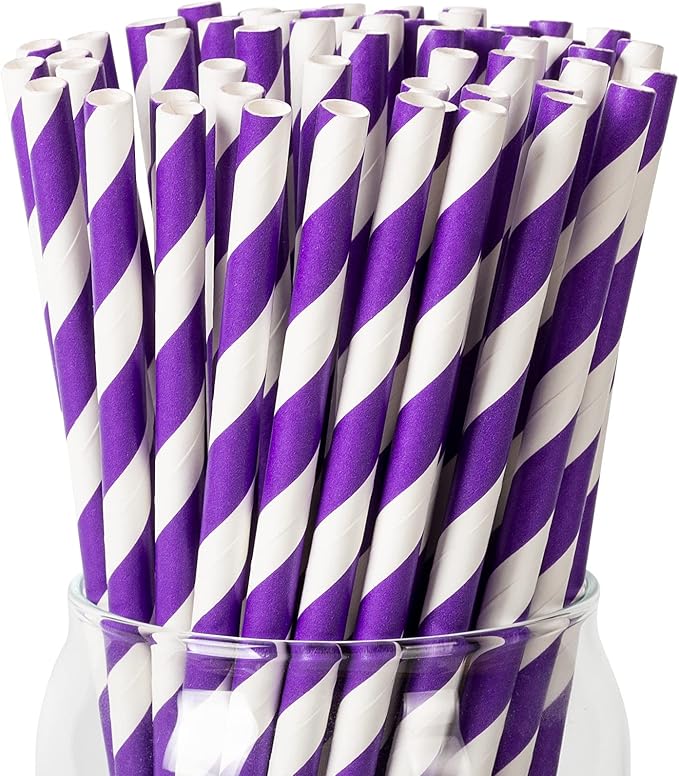 PakTalk 100 Pack Purple Disposable Paper Straws for Drinking, Eco-Friendly Biodegradable Straws for Craft, Cake Pops for Birthday, Anniversary, Wedding, Holidays (0.24" x 7.75")