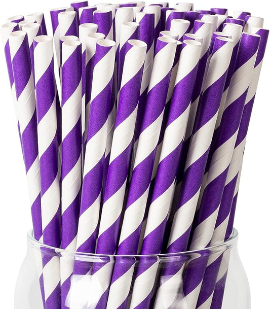 PakTalk 100 Pack Purple Disposable Paper Straws for Drinking, Eco-Friendly Biodegradable Straws for Craft, Cake Pops for Birthday, Anniversary, Wedding, Holidays (0.24" x 7.75")