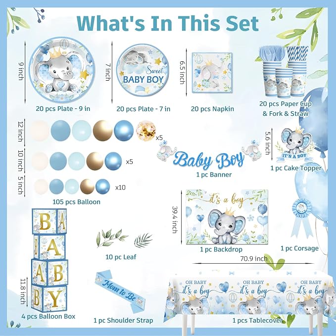 cocomigo 260PCS Elephant Baby Shower Decorations, All-in-1 Party Pack, Includes 20 Elephant Theme Tableware, Backdrop Tablecloth Balloon Kit for Baby Shower Decorations Boy