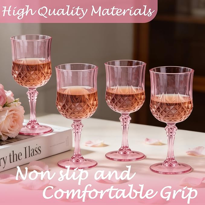 Plastic Wine Glasses, Plastic Goblets Vintage Style Cordial Unbreakable Drinking Glasses,Reusable Drinkware for Wedding Reception, Grand Event Party Supplies (12, Pink)