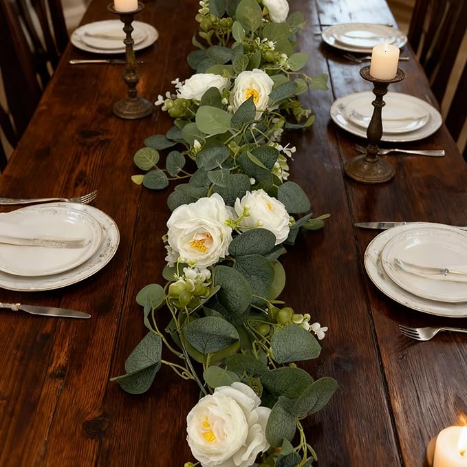 4-Pack Artificial Eucalyptus Garland with Flowers, Total 23.6FT 24 White Roses Baby's Breath Garland Floral Greenery for Wedding Party Centerpiece Table Runner Backdrop Wall Decor
