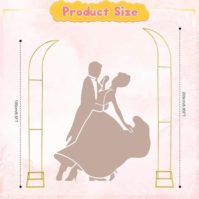 Metal Arch Backdrop Stand, Gold Curved Top Wedding Arch Set of 2 (6.85 FT/6.5 FT) Half Moon Wedding Arches Frames for Ceremony, Baby Shower,Birthday Party, Anniversary Graduation Decorations