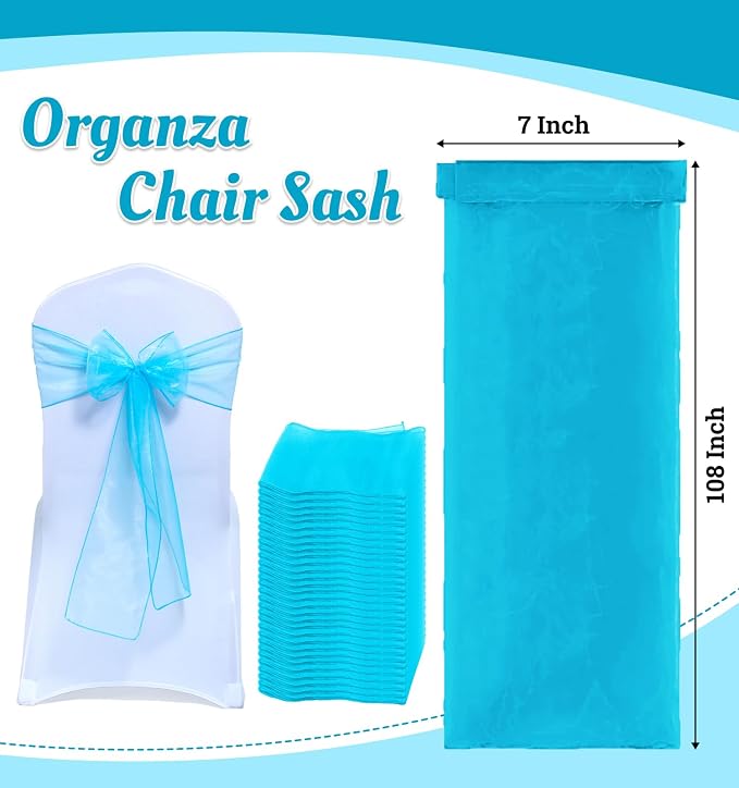 MDS® Pack of 300 Organza Chair Sashes for Wedding Decoration, Reusable Sheer Chair Bows for Banquet Chair Cover, Reception, Bridal Shower, Baby Shower, Birthday Party & Special Events - Turquoise