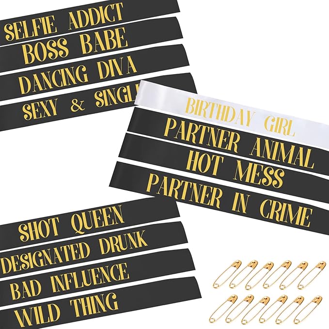 12Pcs Birthday Sashes Set - White Birthday Girl Sash + 11pcs Black Party Sashes for Women, Party Favors & Decor Accessories
