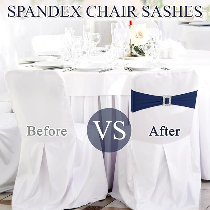 VitalCozy 100 Pcs Spandex Chair Sashes with Square Buckle Slider Stretch Chair Cover Band Universal Elastic Ties Straps Bows for Wedding Banquet Event Party Decoration(Navy Blue)