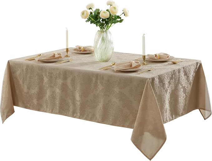 Newbridge Barcelona Luxury Damask Fabric Tablecloth, 70” Extra Wide x 90” Rectangle, Golden Beige, 100% Polyester, No Iron, Soil Resistant Dining Room, Party and Banquet Table Cover