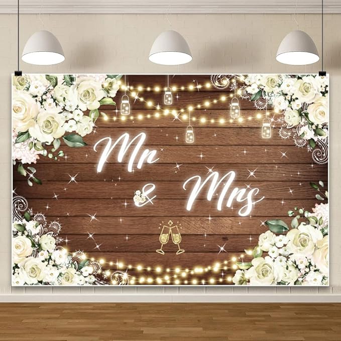 10x7ft Mr and Mrs Floral Backdrop for Bridal Shower White Flowers Photography Background Couple Wedding Party Decorations Bride Engagement Banner Props