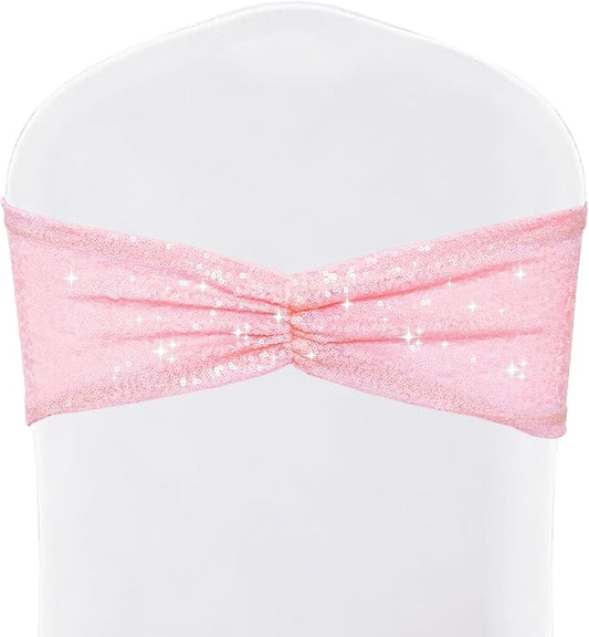 SquarePie Sequin Chair Sashes Bows 10 Pack Pink Shiny Chair Sahes Bands for Wedding Banquet Party Decor