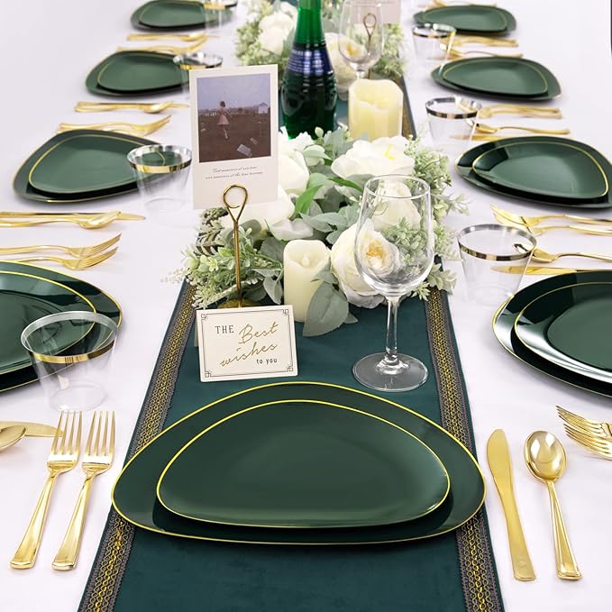 DaYammi 180Pcs Green Plastic Plates, Green Gold Disposable Plates with Gold Silverware Dinnerware Set Include: 30 Dinner Plate,30 Dessert Plate,90 Plastic Cutlery,30 Cups for Party Dinner Wedding