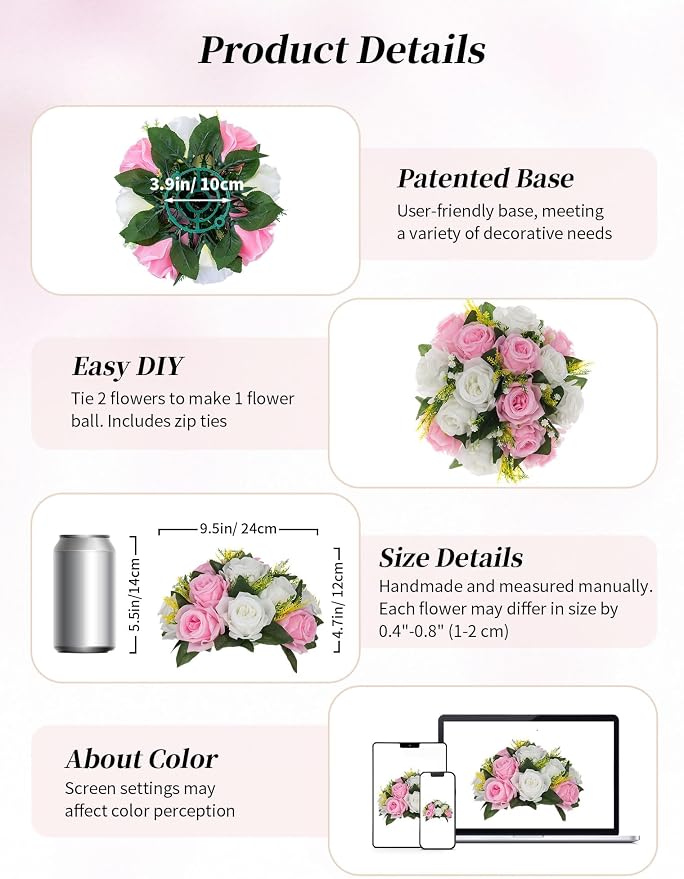 BLOSMON Flower Balls Rose Centerpieces: 2 Pcs 9.5 Inch Pink Fake Flowers | Artificial Floral Arrangements for Home Table - Fuax Silk Flower Bouquet with Base for Wedding Party DIY Decorations