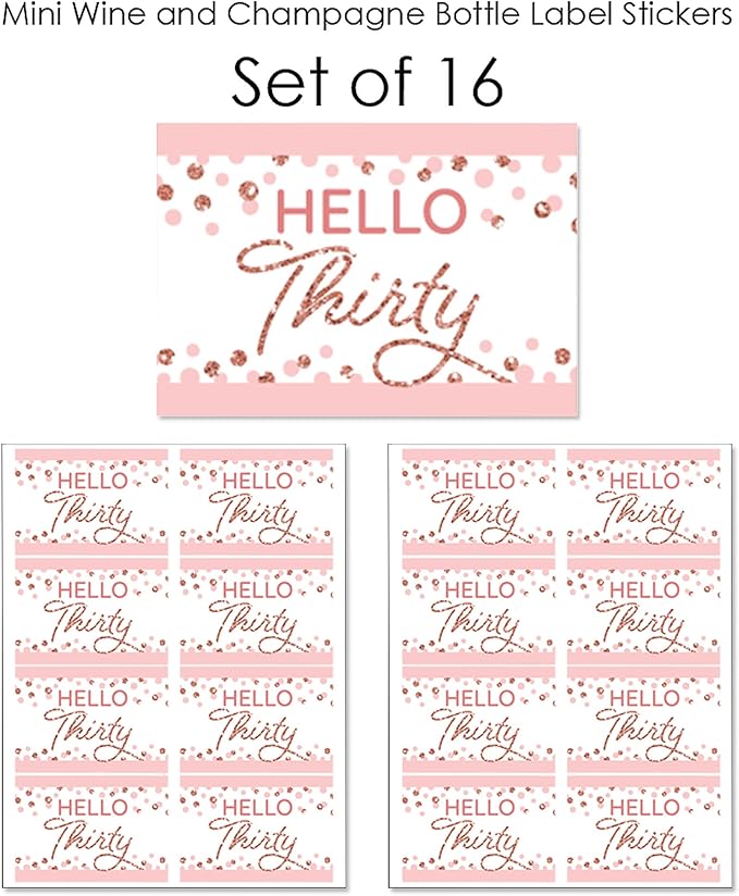 Big Dot of Happiness 30th Pink Rose Gold Birthday - Mini Wine and Champagne Bottle Label Stickers - Happy Birthday Party Favor Gift for Women and Men - Set of 16