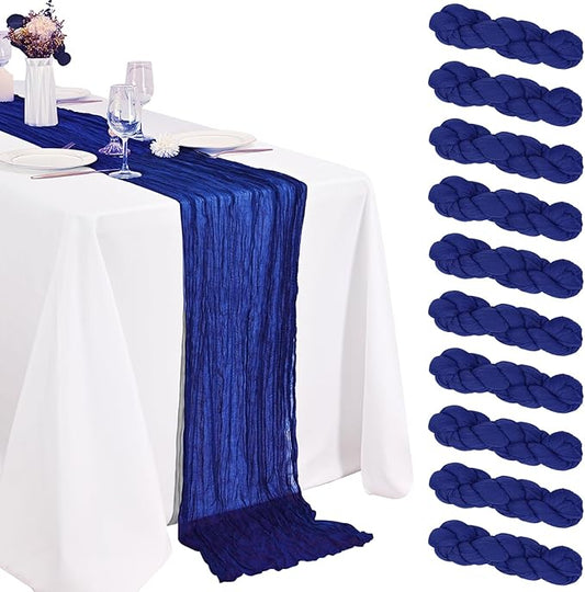 10 Pack Royal Blue Cheesecloth Table Runner 10FT Boho Gauze Fabric Cheese Cloth Table Runners for Wedding ,Party,Baby Shower, Bridal Party, Rustic Farmhouse and Table Decorations