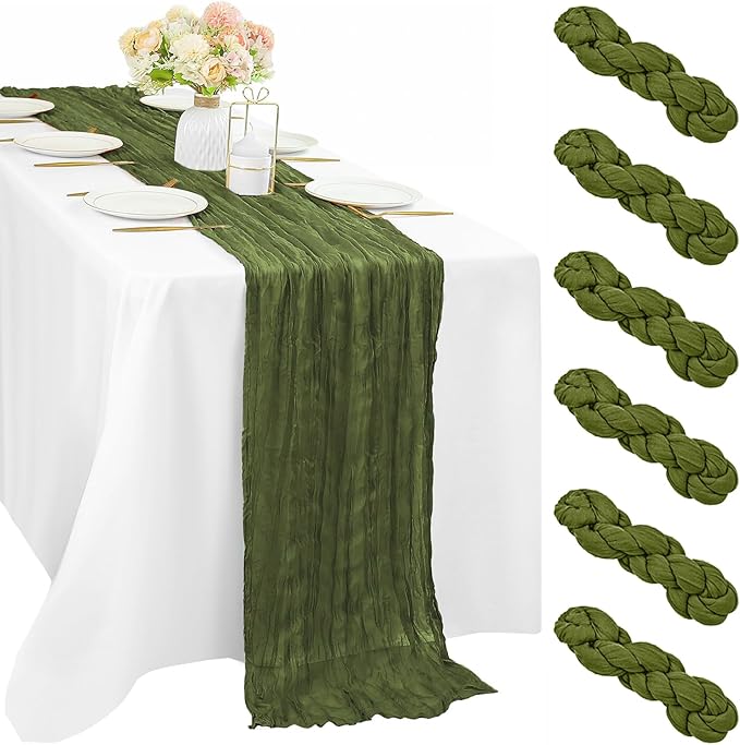 6 Pieces 10FT Olive Green Cheesecloth Table Runner Boho Gauze Fabric Runner for Tables Rustic Sheer Runner for Wedding Bridal Shower Birthday Holiday Party Table Arbor Decor (35 x 120 Inches Long)
