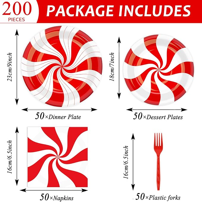 50 Guests Christmas Candy Cane Plates and Napkins Party Supplies Peppermint Party Decorations Disposable Tableware Set Red and White Striped Dinnerware Favor for Holiday Xmas Theme Party, 200PCS
