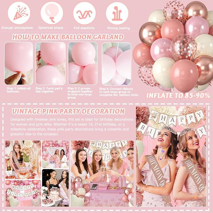 Birthday Decorations Set, Pink Party Decoration with Vintage Pink Balloons, Banner, Pom Poms, Fringe Curtain Background, Birthday Crown, Shoulder Strap for Girls Women Boho Party Supplies
