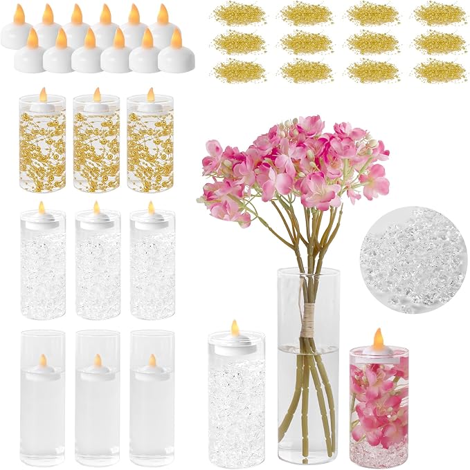 9 Set Cylinder Glass Vases with 14 Floating Candles 1150 Vase Filler 12 Pearl String, 4,6,8 Inch Tall Clear Hurricane Glass Candle Holder for Party Wedding Home Decor Centerpieces for Table Decoration