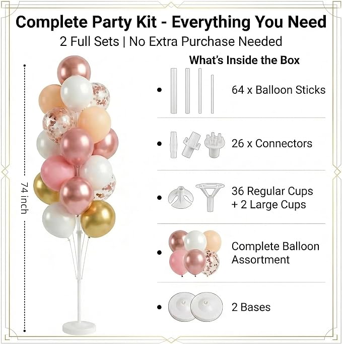 Set of 2 Balloon Column Kit with Nude&Pastel Pink&Metallic Gold White Balloons, Base and Pole - DIY Balloon Tower Stand for Party Decorations, Wedding Backdrop, Birthday, Bridal Shower