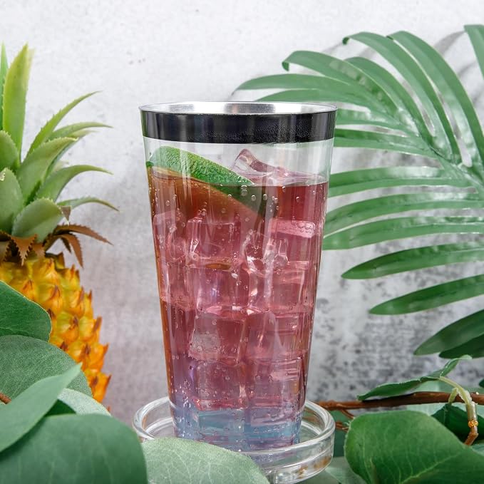 LIYH 100 Pcs 16 oz Black Rim Disposable Plastic Cups – Clear Fancy Party Cups for Weddings Cocktails Party 480ml