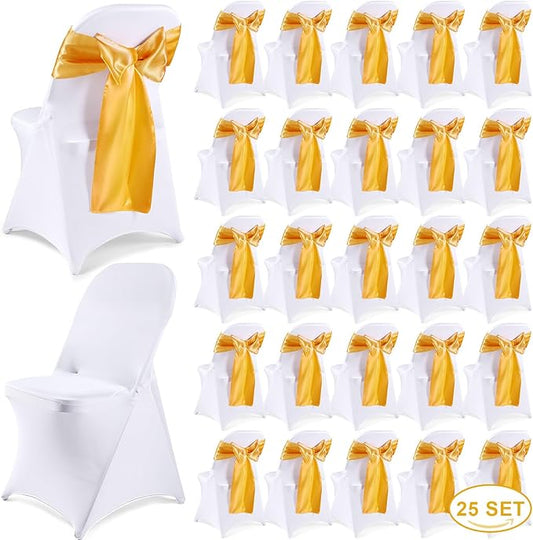 Lounsweer 50 Pcs Folding Chair Cover Set with 25 Stretch Spandex Slipcovers 25 Satin Chair Sashes Bows Ribbon Washable Banquet Protector for Wedding Event Party(White, Gold)