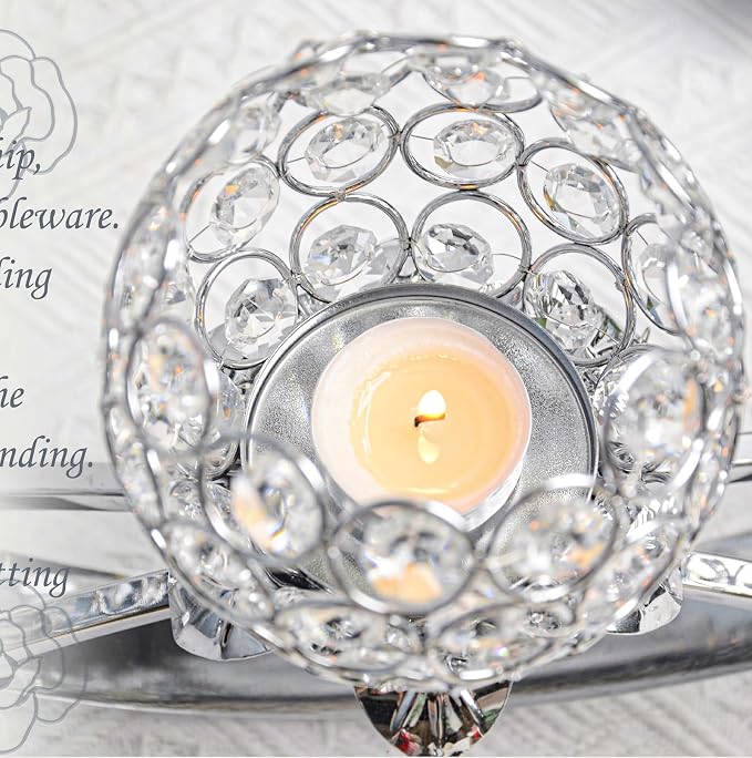 Set of 3 Silver Crystal Tea Light Candlestick Holders Flower Shape with Crystal Pendant Bowl Votive Metal Candle Holder for Table Centerpieces Wedding Home Decor
