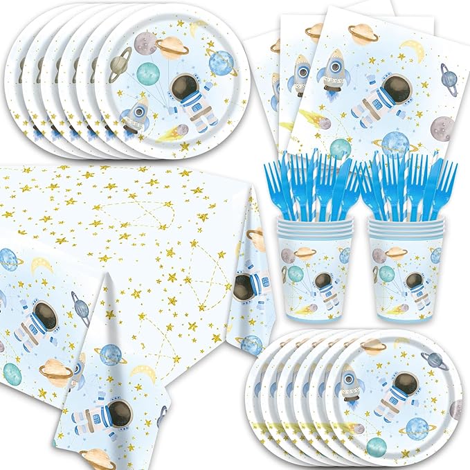141Pcs Blue Outer Space Party Supplies for Baby Shower Birthday Party Decorations Moon Star Outer Space Planet Theme Plates and Napkins Forks Cups Straws Tablecloch Serves 20 Guests