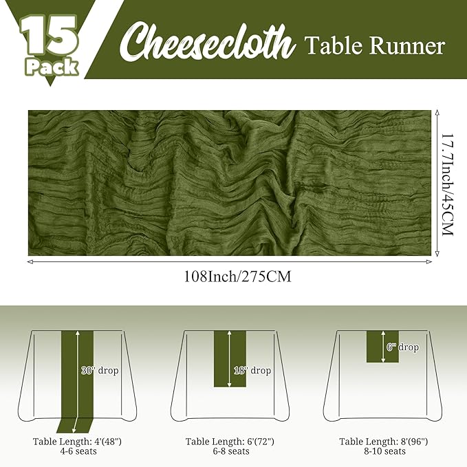 15 Pack Olive Green Table Runner 17 x 108inch Cheesecloth Table Runner Boho Gauze Table Runners Rustic Sheer Fabric Cheese Cloth Table Runners for Wedding Party Bridal Shower Farmhouse Thanksgiving