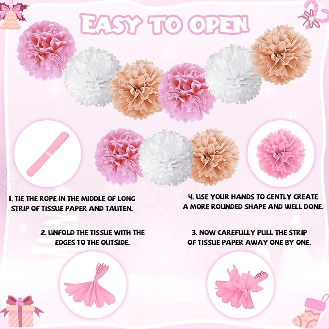 Pink White Christmas Decorations,Merry Christmas Decor Banner Paper Pompoms Fringe Curtain Backdrop Xmas Foil Balloons Latex Balloon for Indoor Outdoor Decorations