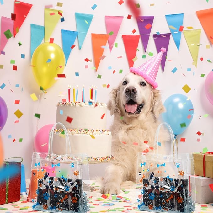 Supervitae 36 Pcs Dog Paw Clear Favor Bags with Handle Reusable Plastic PVC Gift Bag Animal Goodies Treats Wrap Totes for Christmas Birthday Party Supplies, 8 x 8 x 3.15 Inch