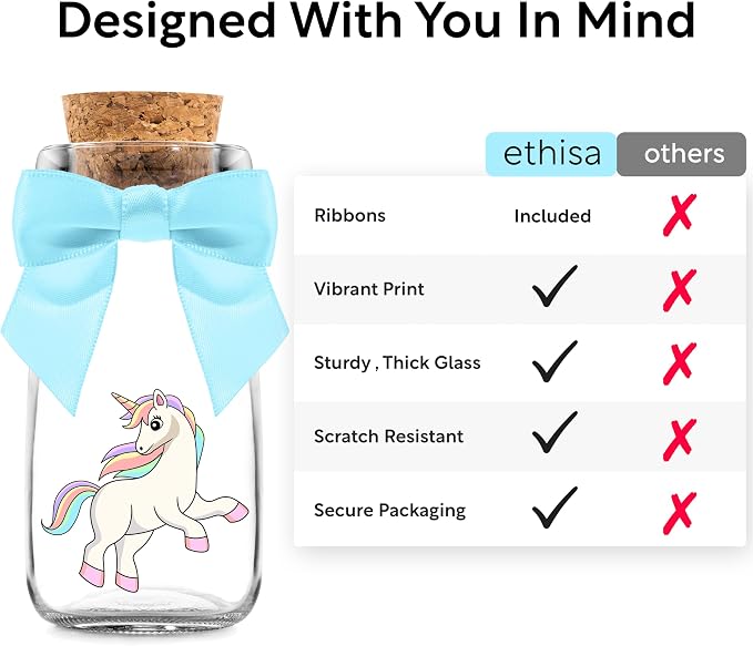 Ethisa 12 Pack Unicorn Party Favor Glass Bottles with Pastel Ribbons - Vintage Birthday Unicorn Party Favors for Girls and Table Centerpieces Decorations - Sturdy Rainbow Theme Candy Jar