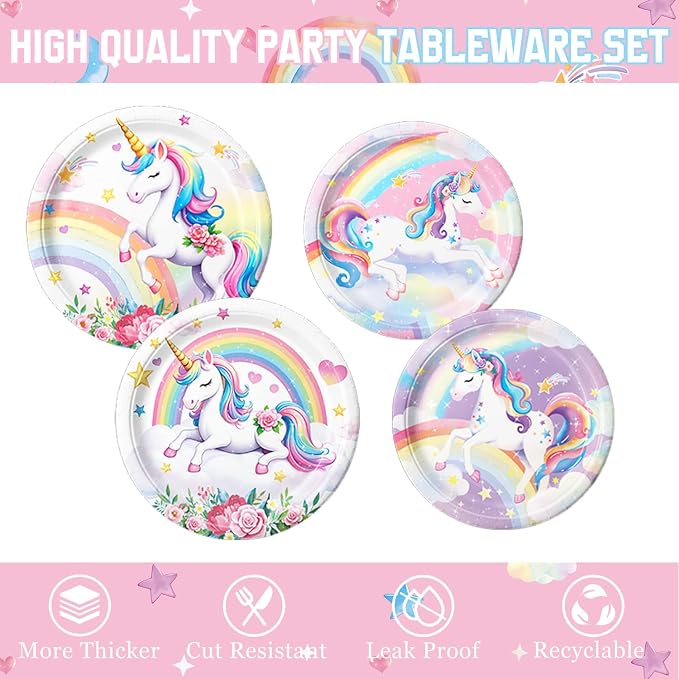 Unicorn Birthday Decorations Includes Plates, Napkins, Cups, Cutlery, Hanging Swirls, Banner, Cake & Cupcake Toppers, Balloons, Tablecloths for Rainbow Girls Birthday Party Decorations, Serve 20