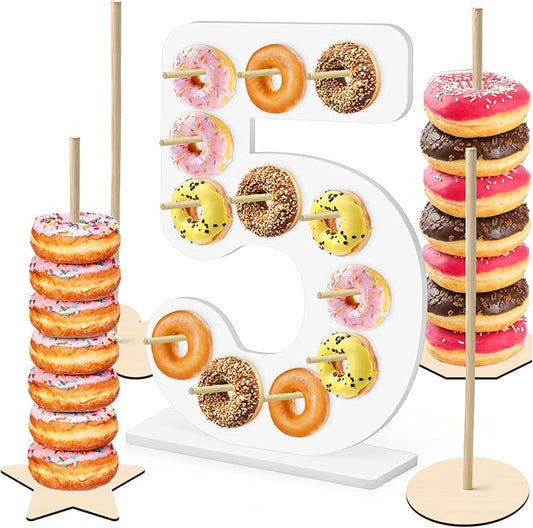 5 Pcs Donut Stand Set, Doughnut Party Supplies Include 1 Pc Digit Donut Wall Display Stand, 4 Pcs Doughnut Wall, for Birthday Wedding Baby Shower Party (White number 5)