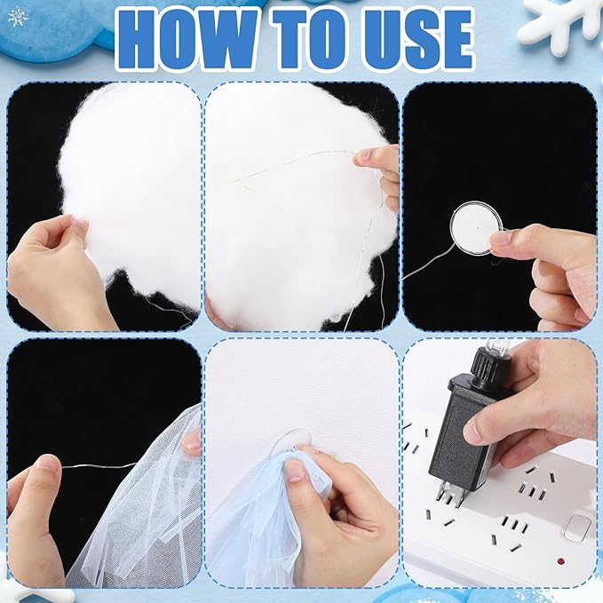 VioraWhite 15 Pcs Blue Sky White Cloud Ceiling Decor, 8 Pcs 60x12 ft Blue Sky Backdrop, 6 Artificial Cloud 3D Cotton for DIY Classroom Hanging Ornament Birthday Wedding Nursery Room with Light String