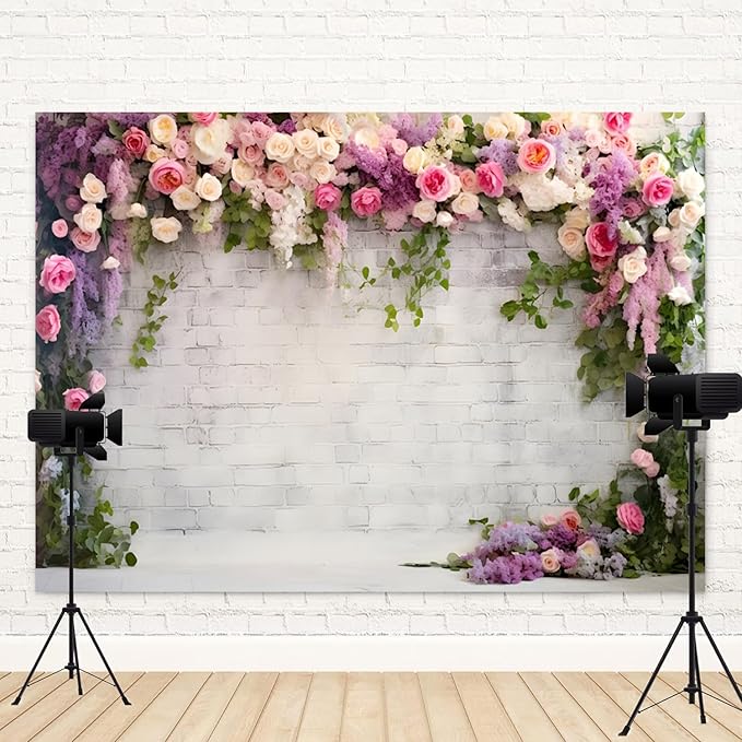 12x6ft Retro White Brick Wall Floral Backdrop Vine Leaves Rose Flowers Photography Background Bridal Shower Wedding Party Birthday Banner Decorations Adults Portrait Photo Booth Prop