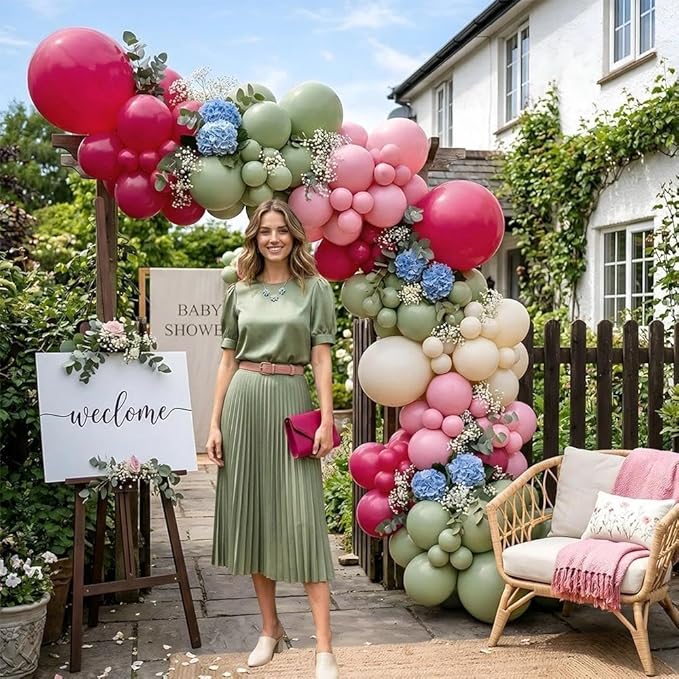 Hot Pink and Sage Green Balloon Garland Arch Kit, Double Stuffed Dusty Green Magenta & Ivory Balloon Decorations for Baby Shower, Garden Bridal Wedding, Mother's Day, Birthday, Boho Tea Party