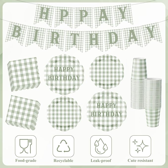 LemonRoad 128 Pcs Sage Green and White Birthday Party Decoration Women for 25 Guests, Gingham Checkered Green Birthday Paper Plates Napkins Cups Tablecloth Forks Banner for Birthdays Party Supplies