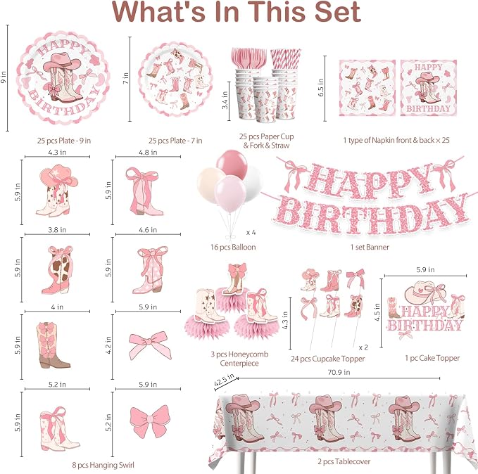 Xynic 213pcs Boots and Bows Party Decorations, Convenient Paper Tableware Set Includes 50pcs 350gsm Plates 24pcs Cupcake Toppers and 2 Pcs Tablecloths, Cowgirl Birthday Party Decorations for Girl