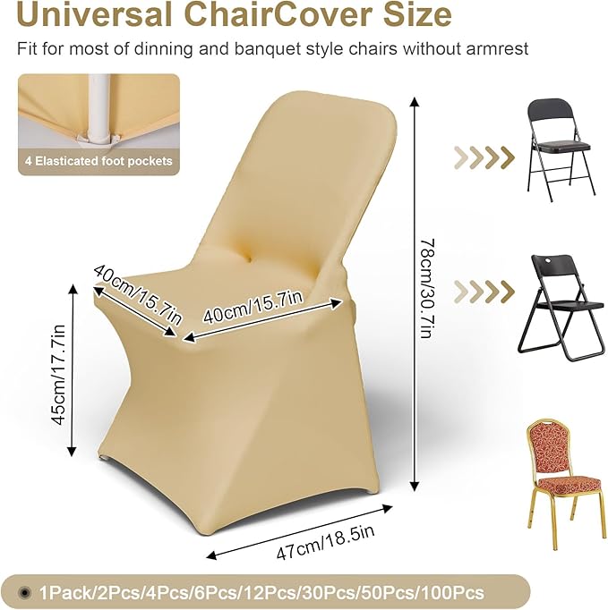 Trlyc Spandex Folding Chair Covers 100 Pcs Universal Fitted Stretchy Dining Chair Slipcovers for Wedding Party Banquet Flat-Front Chair Cover (Gold)