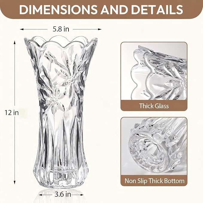 12" Glass Crystal Vase for Flowers with Luxury Gift Box, Elegant Tall Clear Vases for Mother's Day, Wedding, Valentine Gift, Large Floreros Centerpieces for Living Room Home Décor
