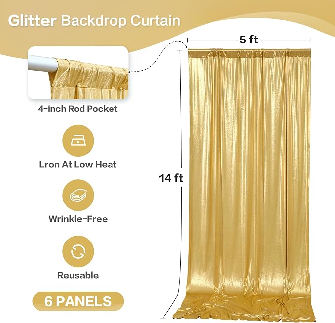 gogoparti 30x14FT Gold Sequin Backdrop Curtain - 6 Panels of 5x14FT Wrinkle-Free Reusable Glitter Drapes for Photography, Weddings, Birthdays & Parties