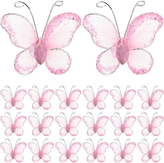 Beaupretty 50pcs Small Pink Butterflies Craft Pieces DIY Sheer Mesh Wire Glitter Butterfly with Gem for Wedding Home Decor Party