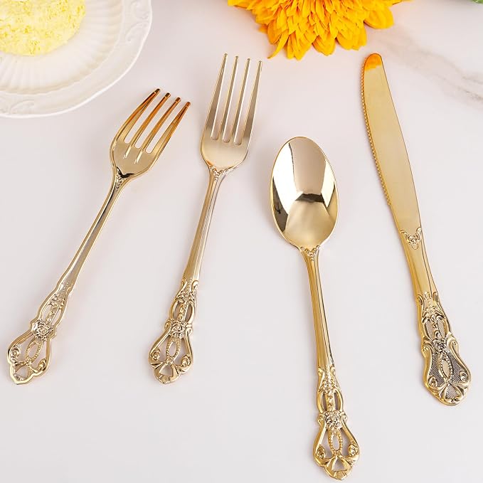 300Pieces Gold Plastic Silverware - Heavy Duty Gold Disposable Utensils - Vintage Plastic Cutlery Set Includes 100 Forks, 100 Spoons, 100 Knives for Dinner Parties Weddings