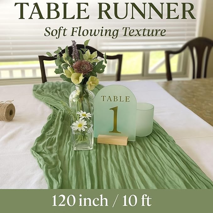 10FT Sage Green Cheesecloth Table Runner – 120 Inch Gauze Table Decor for Rustic Wedding, Garden Baby Shower, Farmhouse Bridal Brunch or Boho Home Styling