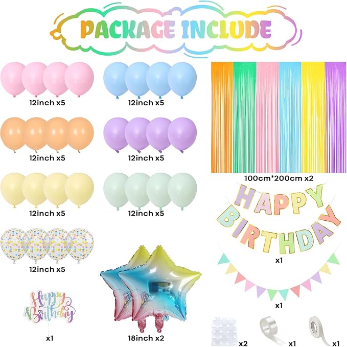 Jobkoo Pastel Birthday Decorations for Girls, Macaron Rainbow Pastel Color Balloons Reusable Happy Birthday Banner Sign Fringe Curtain Backdrop Cake Toppers for Kid Spring Baby Shower Party Decoration