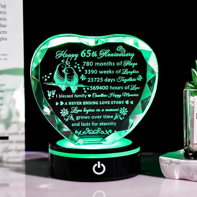 YWHL 65th Wedding Anniversary Crystal Heart Gifts for Parents Couples with LED Base Laser Engraved Happy 65 Years Anniversary Keepsake Gift for Husband Wife 65 Years of Marriage Gifts for Her Him
