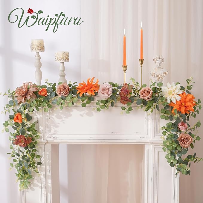 Waipfaru 2Pcs Fall Garland Decor, 6Ft Eucalyptus Flower Garland for Table, Fall Floral Vines with Terracotta Flowers for Wedding Arch Backdrop Wall Thanksgiving Decorations (Terracotta)