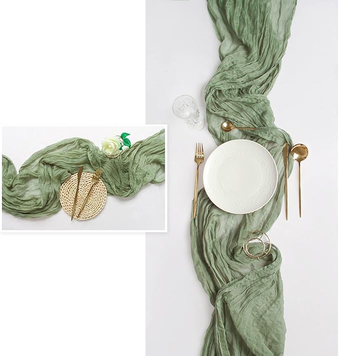 FEXIA Cheesecloth Table Runner Sage Green for Woodland Baby Shower Bridal Wedding Decoration Gauze Rustic Table Runner for Party First Communion Centerpiece Engagement 35x120 Inches