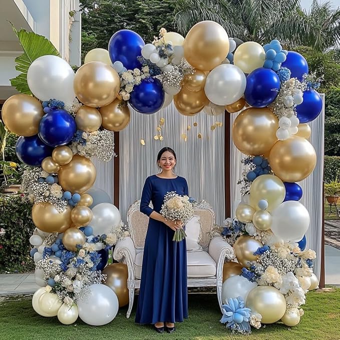 Royal Blue and Gold Balloon Garland - Double Stuffed Pearl Sand White Blue Gold Balloons Arch Kit for Birthday Graduation Anniversary Bachelor Wedding Baby Shower Party Decoration
